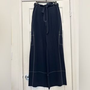 DEREK LAM 10 CROSBY WIDE LEG NAVY CREPE PANT W. CONTRAST TOPSTITCH